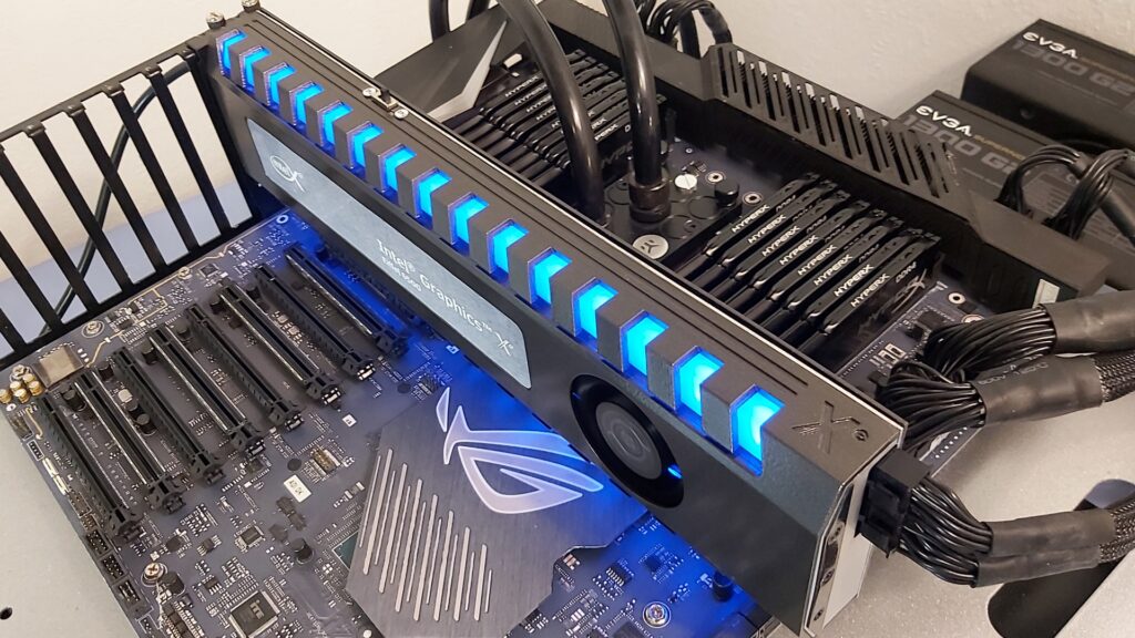 Intel Xe Eiffel 6500 graphics card installed on ASUS ROG Bitchin Extreme