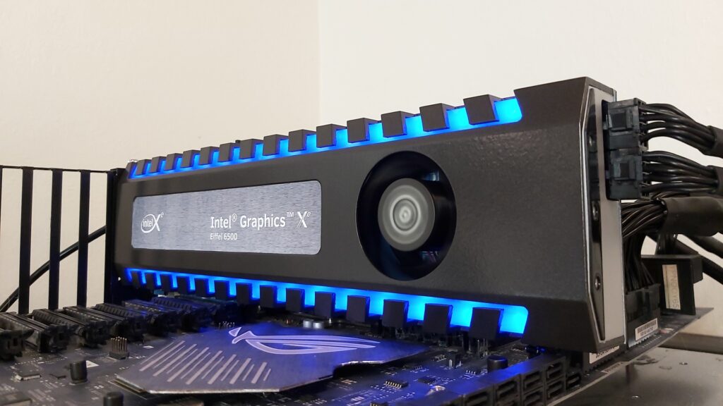 Intel Xe Eiffel 6500 graphics card installed on ASUS ROG Bitchin Extreme
